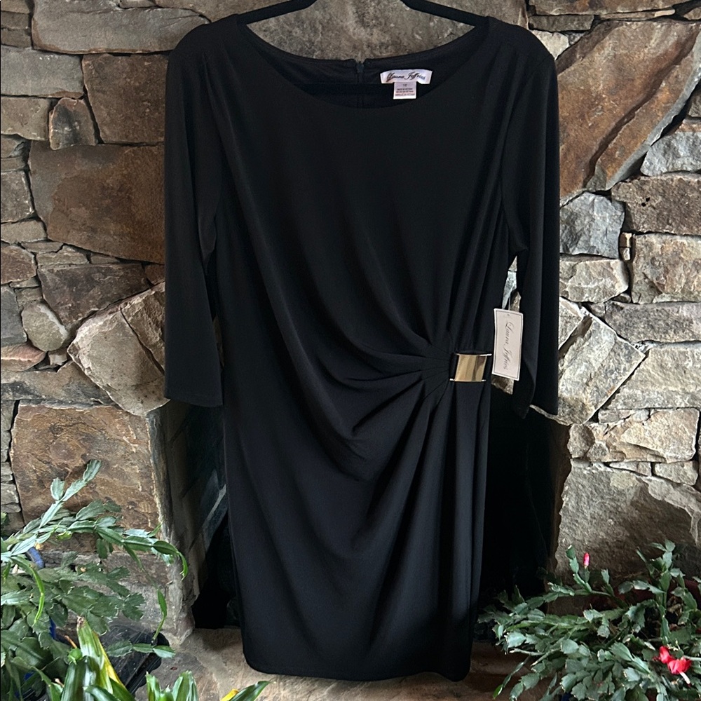 Laura Jeffries Elegant Black 3/4Sleeve Twist-Detail Sheath Dress;FullyLined; NWT